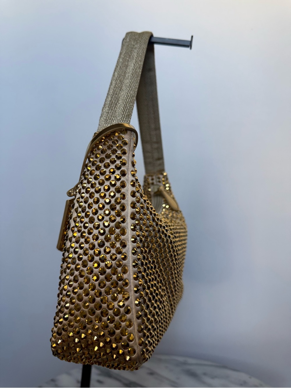 Prada Re-Edition 2000 Hobo Gold Crystal Embellished Satin Mini - Picture 5 of 13